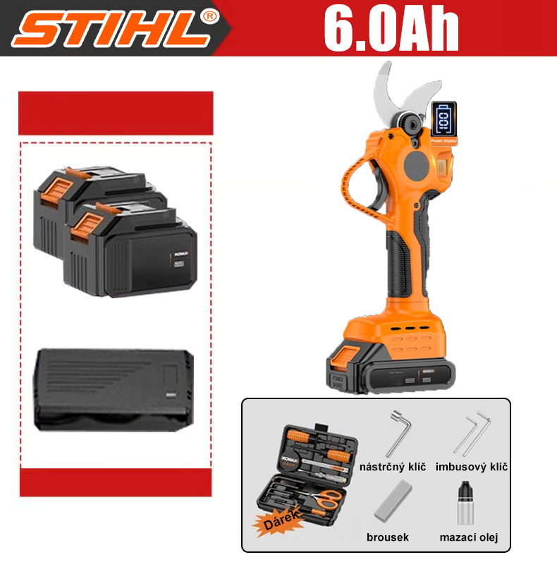 [Elektrické bezuhlíkové nůžky STIHL 2400 W zahradnické nůžky + dvě baterie 6,0 Ah 72 V + nabíječka] Výdrž baterie 12 hodin + různé příslušenství